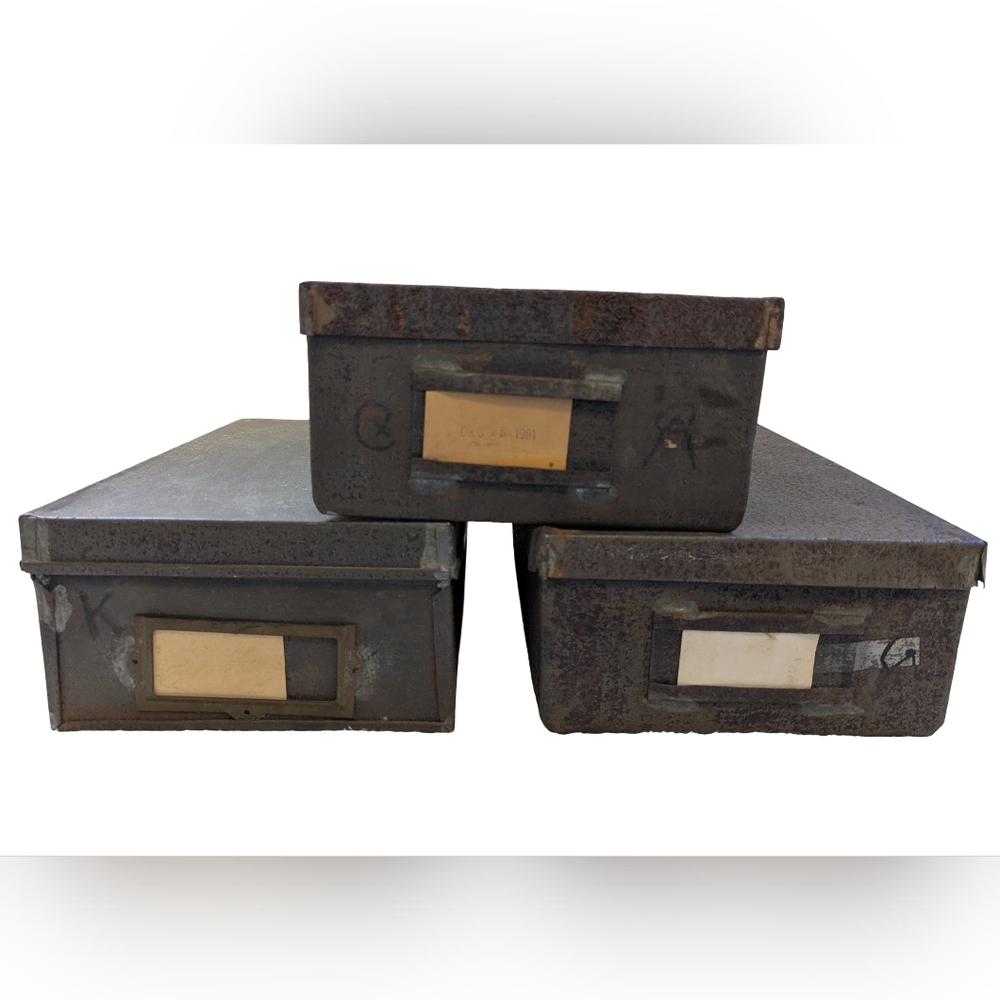 3 Industrial Metal Storage Boxes Stacking Hardware Documents Rustic